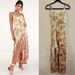 Billabong Women Maxi Dress Medium Cream & Pink Floral Cotton Ruffle Resortwear